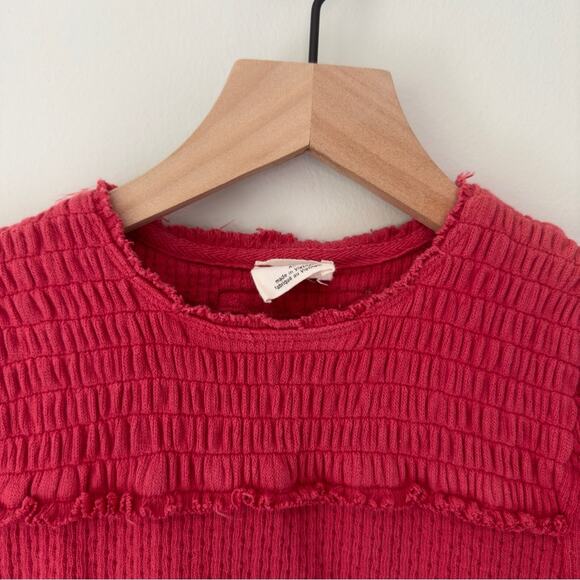 Free People We the Free Smocked Neck Short Sleeve Top Textured Knit Raw Hem EUC - Picture 3 of 12